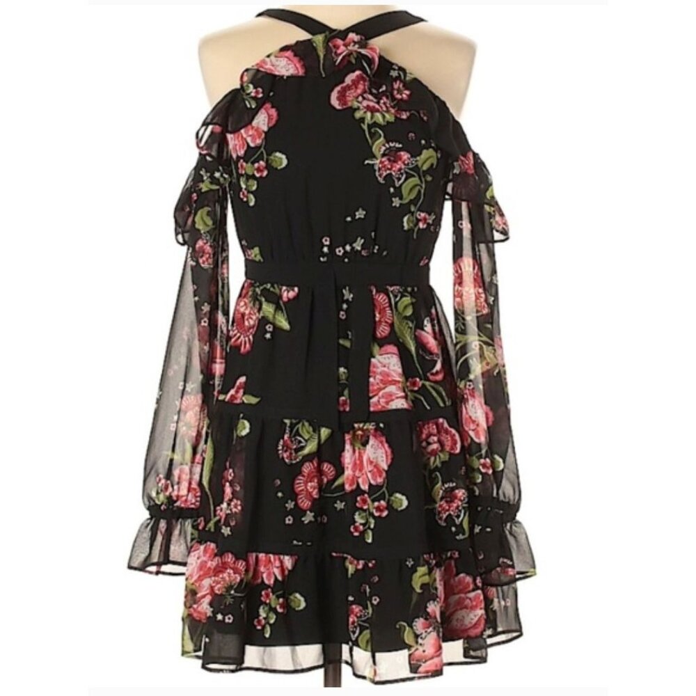 Express Off Shoulder Dress Women 4 Black Floral Fairy Whimsical Coquette